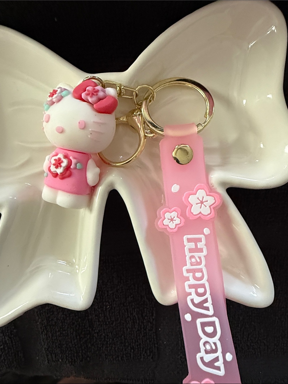 Hello Kitty Pink Floral Silicone Keychain Strap with Gold Hardware